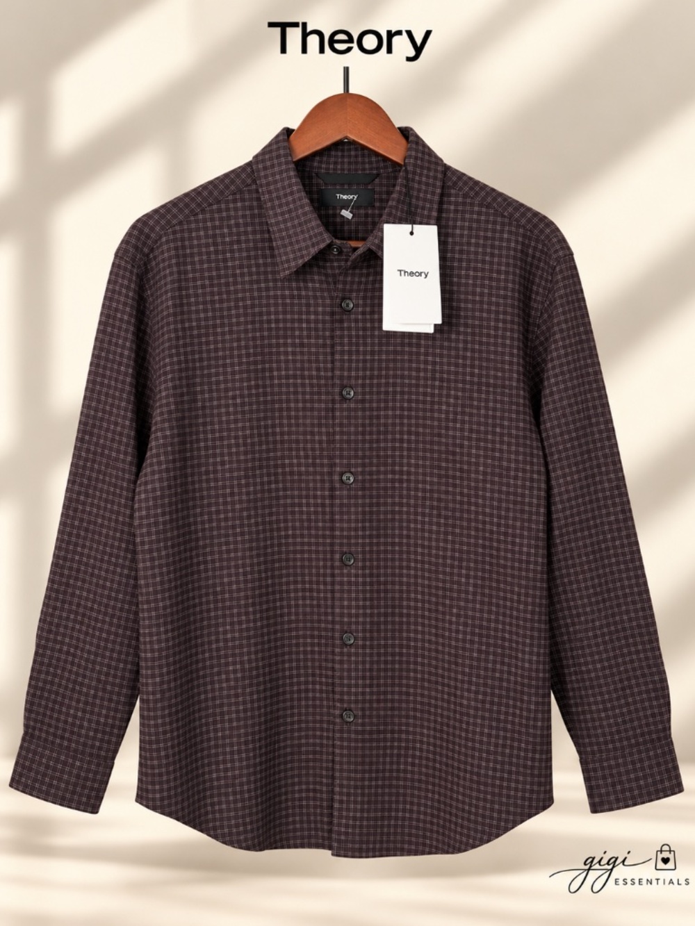 Theory Mens Plaid Button Up Shirt Burgundy Brown XL NWT